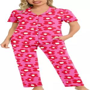 SWOMOG 여성 파자마 긴 바지와 함께 투피스 잠옷 반팔 슬립웨어 버튼 다운 Pj 라운지 세트