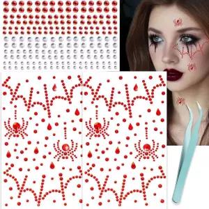 NOOEPC 3D 거미줄 얼굴 보석 여성용 할로윈 메이크업 헤어 클리어 라인스톤 스티커 스파이더 코스튬 2RED-1RED&CLEAR