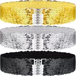 70년대 80년대 의상 파티를 위한 새티니어 3피스 퀸 벨트 디스코 파티 와이드 허리 엘라스틱 신치 여성용 치어리더 스트레치 (골드 실버 블랙)