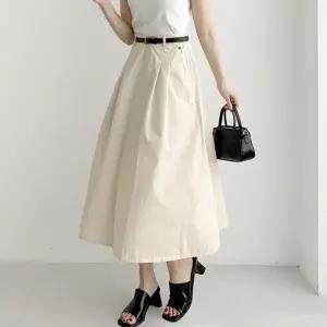 [옷자락]여자 파스텔 핀턱 A라인 벨트 뒷밴딩 코튼 롱스커트