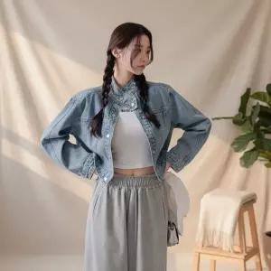 [옷자락]여성 봄 연청 하이넥 버튼 크롭 면자켓 피크닉룩