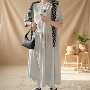 [옷자락]여성 봄용 빅사이즈 셔링 롱 플레어 칠부 원피스