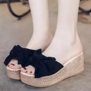 친절한탄씨 bns 여성용 리본장식 통굽 슬리퍼 실내화 샌들 7cm 사무용 통굽