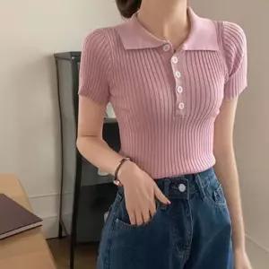 친절한탄씨 슬림한 실루엣 골지 니트 반팔 단추티 니트티 반팔니트 골지니트 카라티 카라니트티