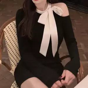 리본 포인트 오프숄더 슬림핏 미니원피스 러블리룩