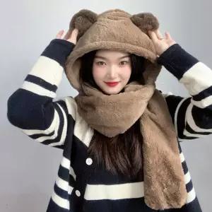 큐티베어 일체형 후드 머플러(브라운) 퍼머플러 모자 겨울 목도리 넥워머 단색 여성선물 크리스마스