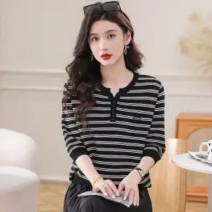 가을 여자 니트 소매 올 톱 얇은 슬림 브이넥 스트라이프 스웨터 7부 KS3