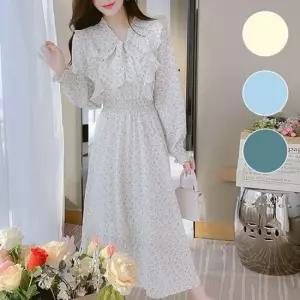 친절한탄씨 플로럴 시폰 롱원피스 밴딩 프릴 러플 봄가을 하객용 여성 긴팔 드레스 원피스