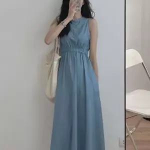 나시 롱 원피스 맨소매 무지 캐주얼룩 데일리 셔링