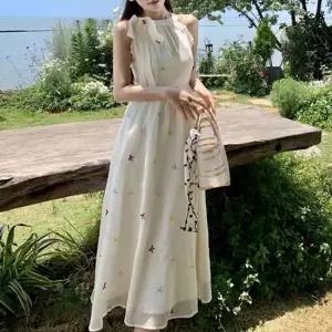 리본 패턴 자수 원피스 민소매 홀터넥 원피스 암홀프릴 A라인스커트 하체커버 여름