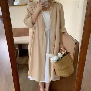 친절한탄씨 롱셔츠형 포켓 가디건 원피스 밑단 트임 사이드 롱남방 원피스 루즈핏 데일리룩 롱남방