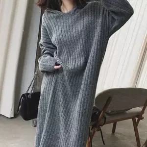 친절한탄씨 봄가을 겨울 여성 골지 후드 니트 롱원피스 그레이 하객용 니트 드레스 롱니트원피스