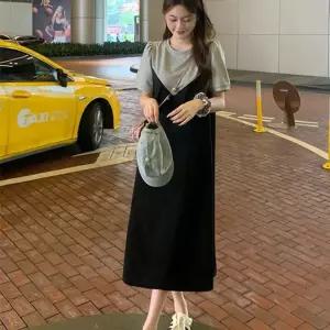 여자 페이크 레이어드 스타일 뷔스티에 꾸안꾸 롱 반팔 원피스 봄원피스 프릴 여름 레이스