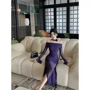 원피스 여성 쉬폰원피스 시폰 동남아 트임 일자 어깨 긴팔 admr1