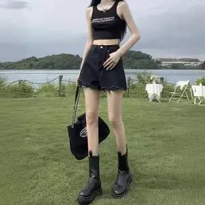 검정 청 여성용 하계 청반바지 A라인 청바지 슬림핏 하이웨스트 트리밍 퍼 와이드 핫팬츠 MF2