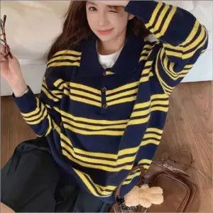 캐주얼 카라티 니트 여자 티셔츠 스트라이프 배색 단가라