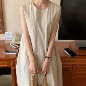 핀턱 플레어 민소매 롱원피스 바스락 나시 원피스 여유핏 라운드넥 세로줄패턴 양쪽 히든포켓