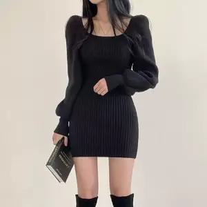 퍼프슬림미니원피스 벌룬소매 미니 슬림 겨울 원피스 여성스러운 라인