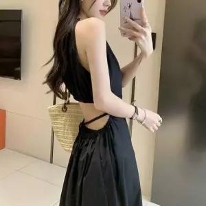 홀터넥 민소매 백리스 태슬 롱원피스