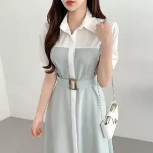배색 벨트 카라원피스 세련된 오피스룩 하객패션