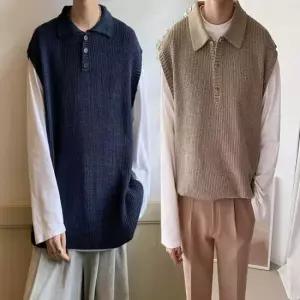 남성베스트 남성 카라 와플짜임 니트 조끼 흰티 레이어드