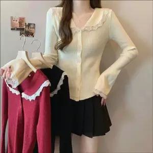 여성 페미닌 레이스카라 슬림핏 니트 골지가디건 봄가을 아우터 4색