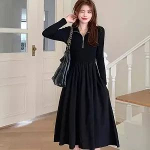 플리츠 여자 투피스 A라인 블랙 반집업 원피스 롱