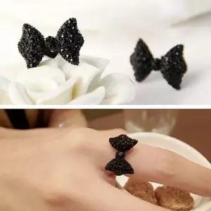 블랙 리본 반지(여성 레이어드 데일리 포인트 리본 모