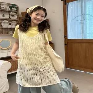 여자 양옆트임 그물 펀칭 롱조끼 레이어드 니트조끼