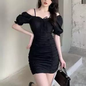 여름 숏 원피스 오프숄더 셔링 퍼프 끈나시 드레스