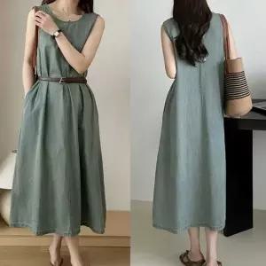 허리끈 포함 민소매 청 원피스 롱 원피스 데일리룩