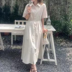 반팔 셔츠 원피스 허리밴딩 롱 원피스 데일리룩