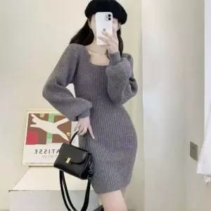 베르 니트 미니 원피스 스퀘어넥 봄 가을 간절기 코디 데일리룩