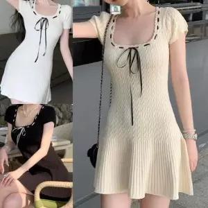A라인 니트 미니 원피스 유넥 퍼프소매 리본 끈