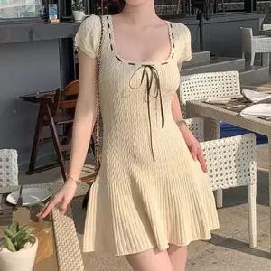 데일리 U넥 리본 밴딩 니트 원피스 플레어 미니원피스