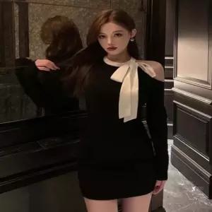 여성 오프숄더 숏 원피스 홀터넥 리본 미니 슬림핏