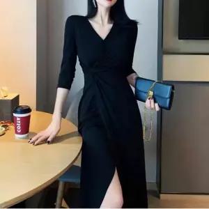 브이넥 랩원피스 트림 롱원피스