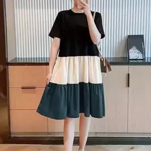 여성 A라인 3단 배색 반팔 셔링 롱원피스 데일리룩