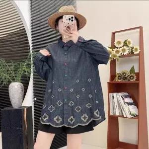 여자 청 아이템 블레이저 셔츠 자수 칼라 긴팔 트렌디 무지데님 싱글 HT1