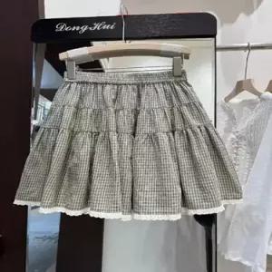 치마 여성용 트렌디 아이템 플리츠 체크 봄철 레이스 덧장 밴딩 케이크 HT1