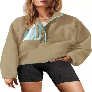 야네콥 여성 퍼지 플리스 풀오버 셰르파 스웨트셔츠 긴 소매 버튼 다운 스웨터 겨울 재킷 주머니 포함