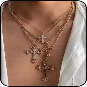 여성용 TMDSHS 실버 레이어드 크로스 목걸이 세트 4Pcs 진주 로사리 초커 청키 크리스찬 펜던트 빈티지 롱