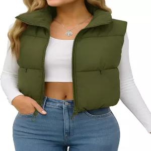 유콜렌 여성용 크롭 패딩 조끼 경량 따뜻한 아우터와 패션 스탠드 칼라 지퍼업 재킷 코트