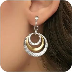 여성용 귀걸이에 대한 와인 클립 투톤 디스크 믹스 색상 설명 드롭 댕글 14K 골드 도금 비 피어싱 선물