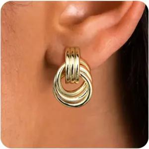 여성용 귀걸이에 14K 골드 도금 클립 - 기하학적 문구 비 피어싱 청키 매듭 링크 컬러풀 댕글 트렌디한