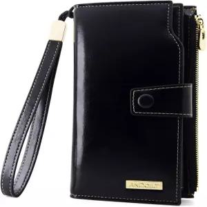 ANDOILT 여성용 RFID 차단 대용량 럭셔리 왁스 정품 가죽 클러치 지갑 카드 홀더 정리함