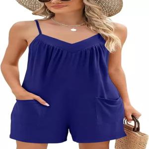 랩빈 여성 여름 캐주얼 민소매 롬퍼스 스파게티 스트랩 조절 가능한 루즈 반바지 점프수트 포켓 포함