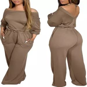 CHICME 오프숄더 점프슈트 여성용 롱 슬리브 롬퍼 백리스 탄력 허리 포켓 캐주얼 드레시