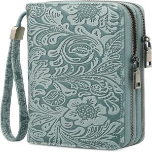 GOIACII 여성 지갑 손목시계 휴대폰 RFID 차단 대형 카드 홀더 더블 지퍼 그립 스트랩 가죽