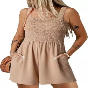 도코투 여성 여름 캐주얼 스모킹 롬퍼스 스퀘어 넥 민소매 루즈 반바지 점프슈트 2026 비치 바캉스 의상